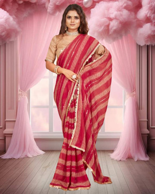 Jayu Striped Bollywood Georgette Saree(Red, Beige)