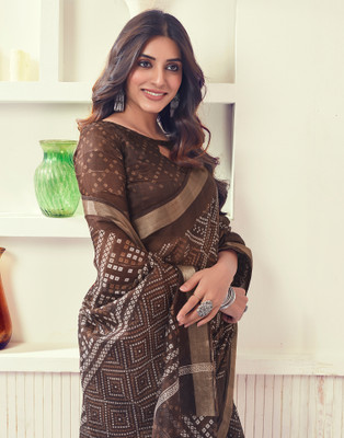 Samah Printed, Embellished, Striped Bandhani Cotton Blend Saree(Brown, White)