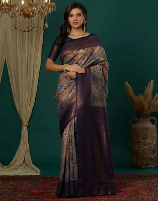 VASTUKALA Woven Kanjivaram Pure Silk, Art Silk Saree(Grey, Dark Blue)