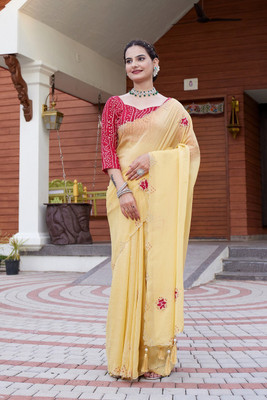 KONICA FAB Solid/Plain Bollywood Chiffon Saree(Yellow)