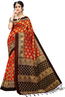 Grubstaker Printed Bhagalpuri Art Silk Saree(Red, Brown)