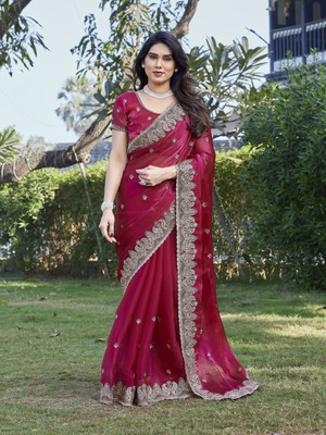 TTH Embellished Bollywood Chiffon, Organza Saree(Pink)