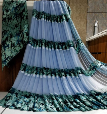 Bombey Velvat Fab Printed, Solid/Plain Leheria Mulmul, Chiffon Saree(Light Blue, Black)