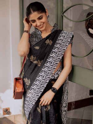 Divastri Printed Daily Wear Silk Blend Saree(Black)