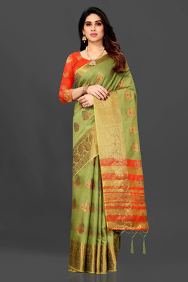 Mervadiya Woven Maheshwari Pure Cotton, Cotton Silk Saree(Light Green)