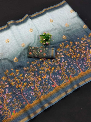 Gajal Printed Bollywood Linen, Cotton Linen Saree(Grey)