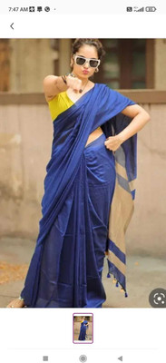 SUDIPTA Striped Handloom Cotton Blend Saree(Light Blue)