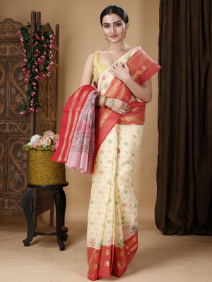 SRILOK Hand Painted Tant Pure Cotton Saree(Red)