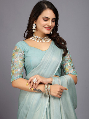 Infyshopy Embroidered, Self Design, Solid/Plain, Dyed Bollywood Georgette, Net Saree(Blue)