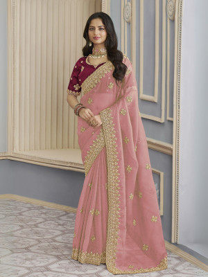 odette Embellished Saree with Attached Blouse Georgette Saree(Pink)