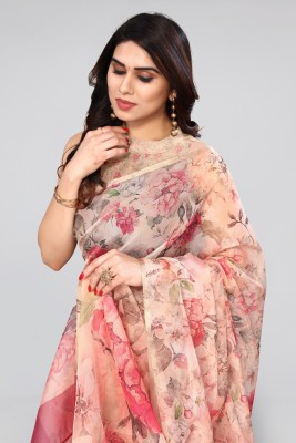 MIRCHI FASHION Printed, Floral Print Daily Wear Organza Saree(Cream, Pink)