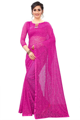 LOROFY Self Design Bollywood Net Saree(Pink)
