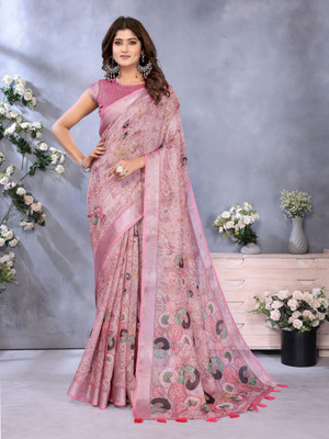 Soor Panchi Floral Print Bollywood Cotton Silk Saree(Pink)