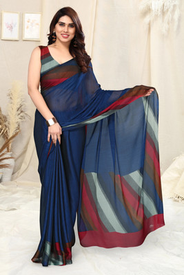 MIRCHI FASHION Printed, Striped Leheria Chiffon, Georgette Saree(Dark Blue, Red, Multicolor)