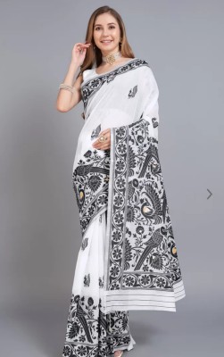 JIADIA Woven Bollywood Cotton Linen Saree(Black, White)