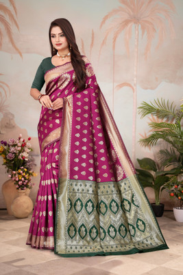 Bhakti Creative Self Design Banarasi Silk Blend Saree(Pink)