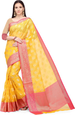 Kalaa Varsha Self Design, Woven Banarasi Silk Blend Saree(Pink, Yellow)