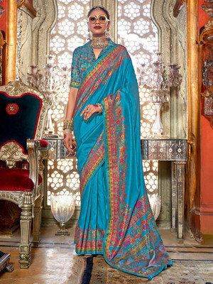 ANOUK Printed Banarasi Silk Blend Saree(Light Blue)