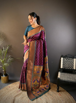 ONLINERV Printed Assam Silk Silk Blend Saree(Magenta)