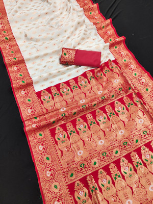 KRIYANSH Woven, Paisley Banarasi Cotton Silk, Jacquard Saree(White, Red)