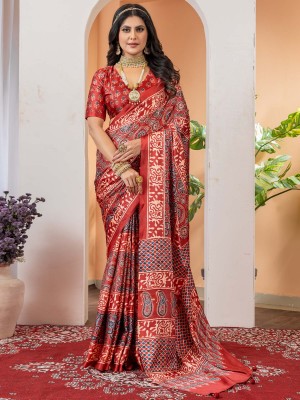 Sareemall Printed Hand Batik Crepe Saree(Brown)