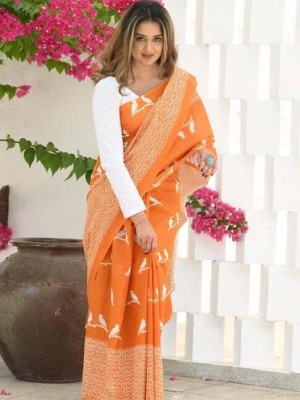 KRIYANSH Woven, Applique, Self Design, Solid/Plain, Printed Banarasi Cotton Silk Saree(Orange)