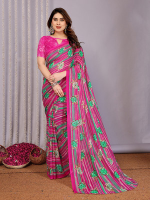 Anand Sarees Floral Print Saree with Attached Blouse Georgette Saree(Pink, Green)