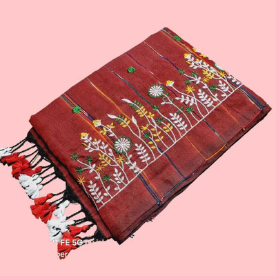Trishul Floral Print Handloom Khadi Saree(Maroon)