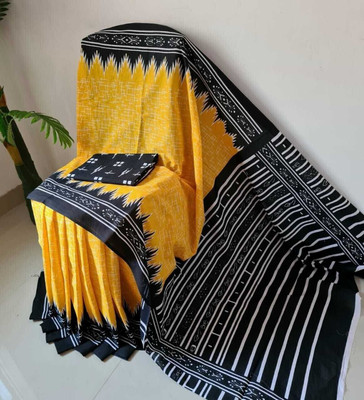 HIYAMI Blocked Printed, Color Block, Floral Print, Printed Ikkat Pure Cotton Saree(Black, Yellow)