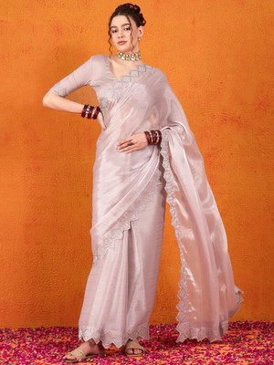 Vichitra Solid/Plain, Embroidered Bollywood Silk Blend, Satin Saree(Purple)