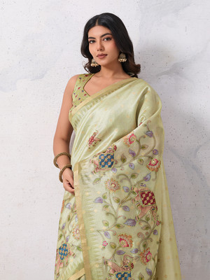 Tasrika Embellished, Printed, Woven Kalamkari Tussar Silk Saree(Yellow)