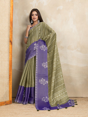 TRINETRA STUDIO Floral Print, Printed, Geometric Print, Temple Border, Woven Bollywood Silk Blend Saree(Green)