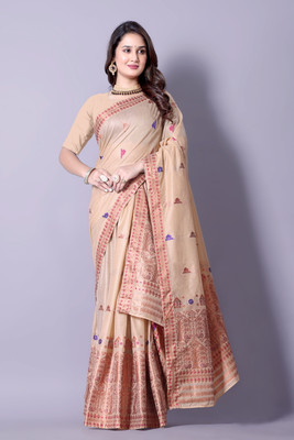 Ramani brothers Woven Mekhela Chador Pure Cotton Saree(Cream)