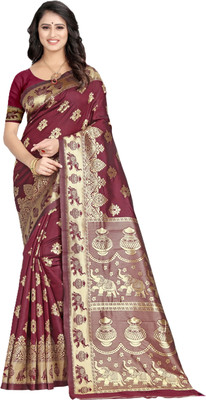 Pervas Woven Banarasi Silk Blend, Cotton Silk Saree(Maroon)
