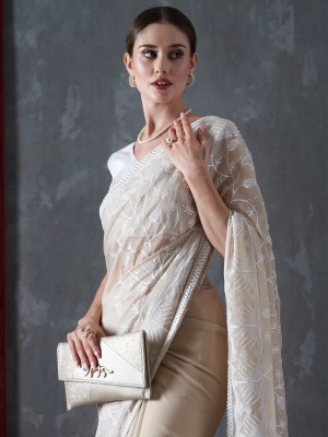 Sareemall Embellished Bollywood Organza Saree(Cream)