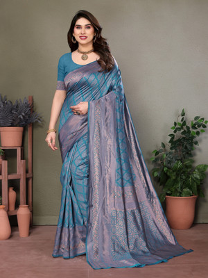VARNI DESIGNER HUB Floral Print Banarasi Jacquard Saree(Blue)