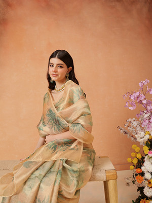 SILK ZONE Digital Print Banarasi Tissue Saree(Beige)