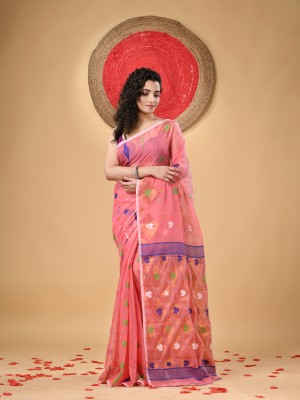 Desh Bidesh Woven, Self Design, Striped, Floral Print Jamdani Handloom Cotton Blend, Pure Cotton Saree(Pink)