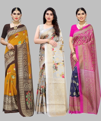 Priyashi Self Design, Digital Print, Printed Mysore Art Silk Saree(Pack of 3, Yellow)