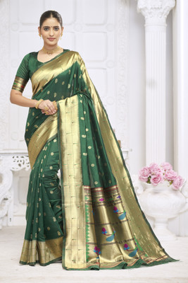 ROOP LAVANYA Woven Kanjivaram Jacquard, Cotton Silk Saree(Green)