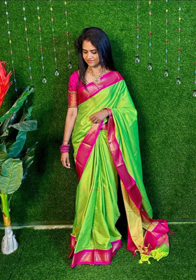 ASCREATIONOO Woven, Self Design Kanjivaram Cotton Silk Saree(Purple, Green)