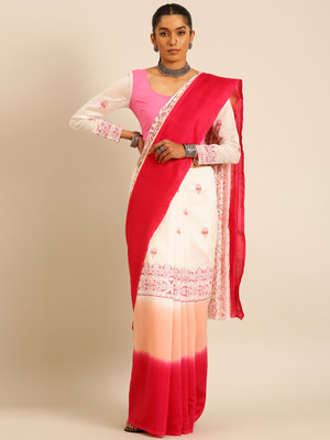 Taavi Blocked Printed, Ombre, Floral Print Chanderi Cotton Silk Saree(Pink)