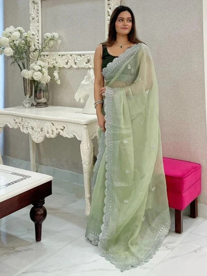 KMK STUDIO Applique, Embellished, Embroidered Bollywood Silk Blend Saree(Grey)