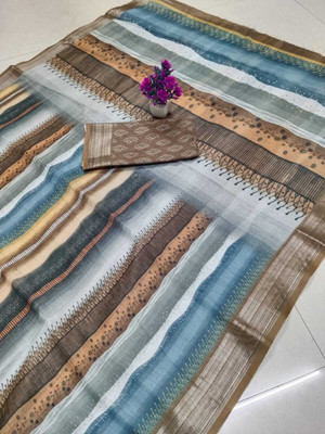 HouseOfCommon Striped Kanjivaram Pure Cotton, Cotton Linen Saree(Brown, Blue)