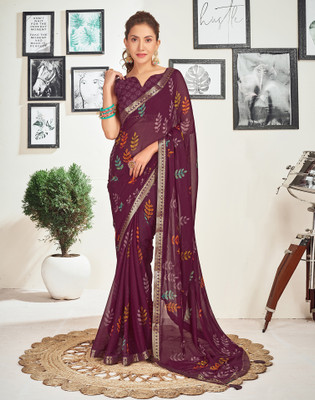 Divastri Dyed Bollywood Chiffon, Georgette Saree(Purple, Multicolor)