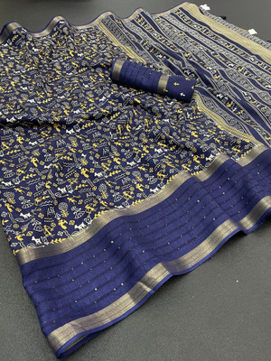 Pemal Designer Printed Bollywood Silk Blend Saree(Blue)