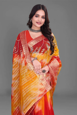 Aarunika BS Woven Bollywood Organza Saree(Red, Yellow)