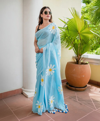 GLOWMOROUS Floral Print Handloom Pure Cotton Saree(Light Blue)