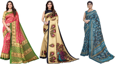 ANIRAV Printed, Woven Daily Wear Art Silk Saree(Pack of 3, Pink, Gold, Blue)