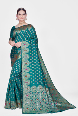 SHRIMAY Embellished Banarasi Silk Blend Saree(Light Blue)